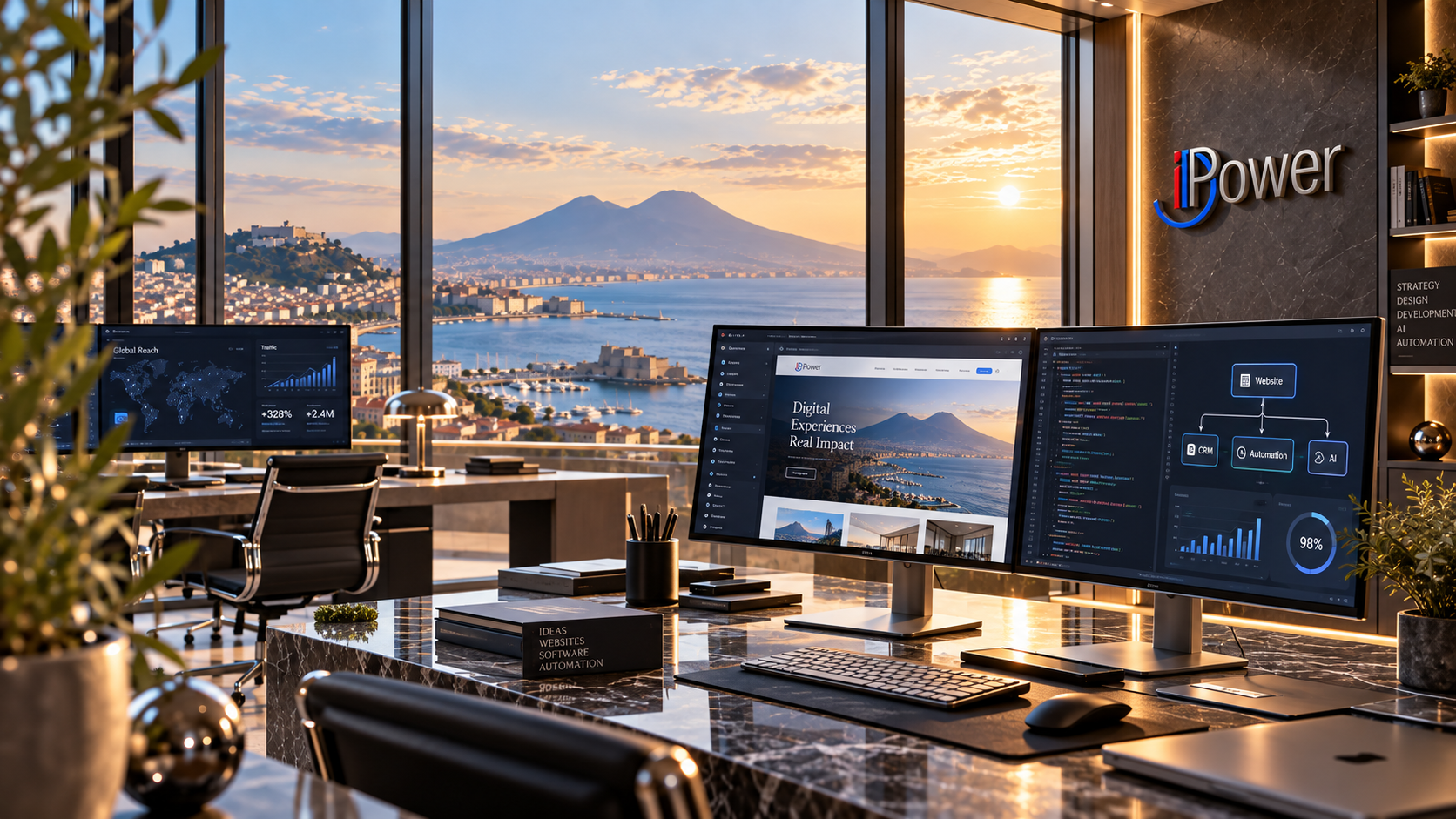 Ambiente tecnologico ID POWER dedicato a web, software, CRM, automazioni e AI con vista sul Golfo di Napoli